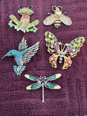 Colorful Enamel & Crystal Insect and Bird Brooch Lot - Multicolor
